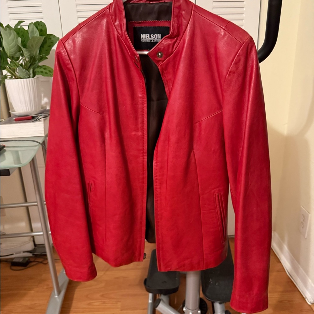 Red Leather Bomber Jacket - Women's Classic Zip Front